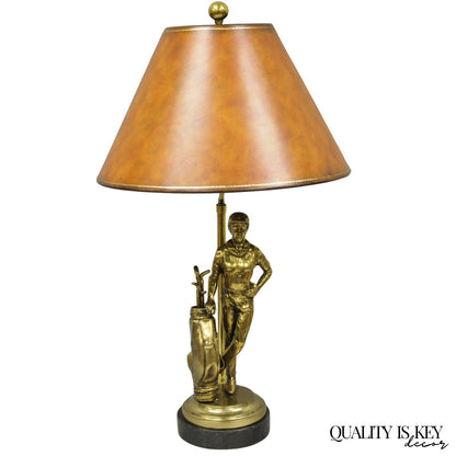 Vintage Maitland Smith Bronze Figure Golfer Sculpture Table Lamp w Leather Shade