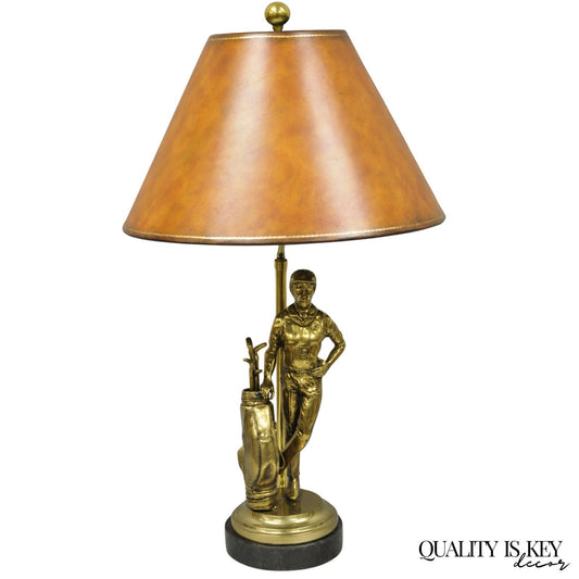 Vintage Maitland Smith Bronze Figure Golfer Sculpture Table Lamp w Leather Shade