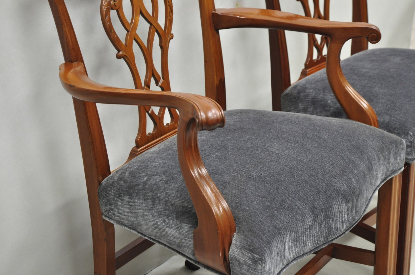Antique Chippendale Style Mahogany Carved Fretwork Dining Chairs - Set of 10