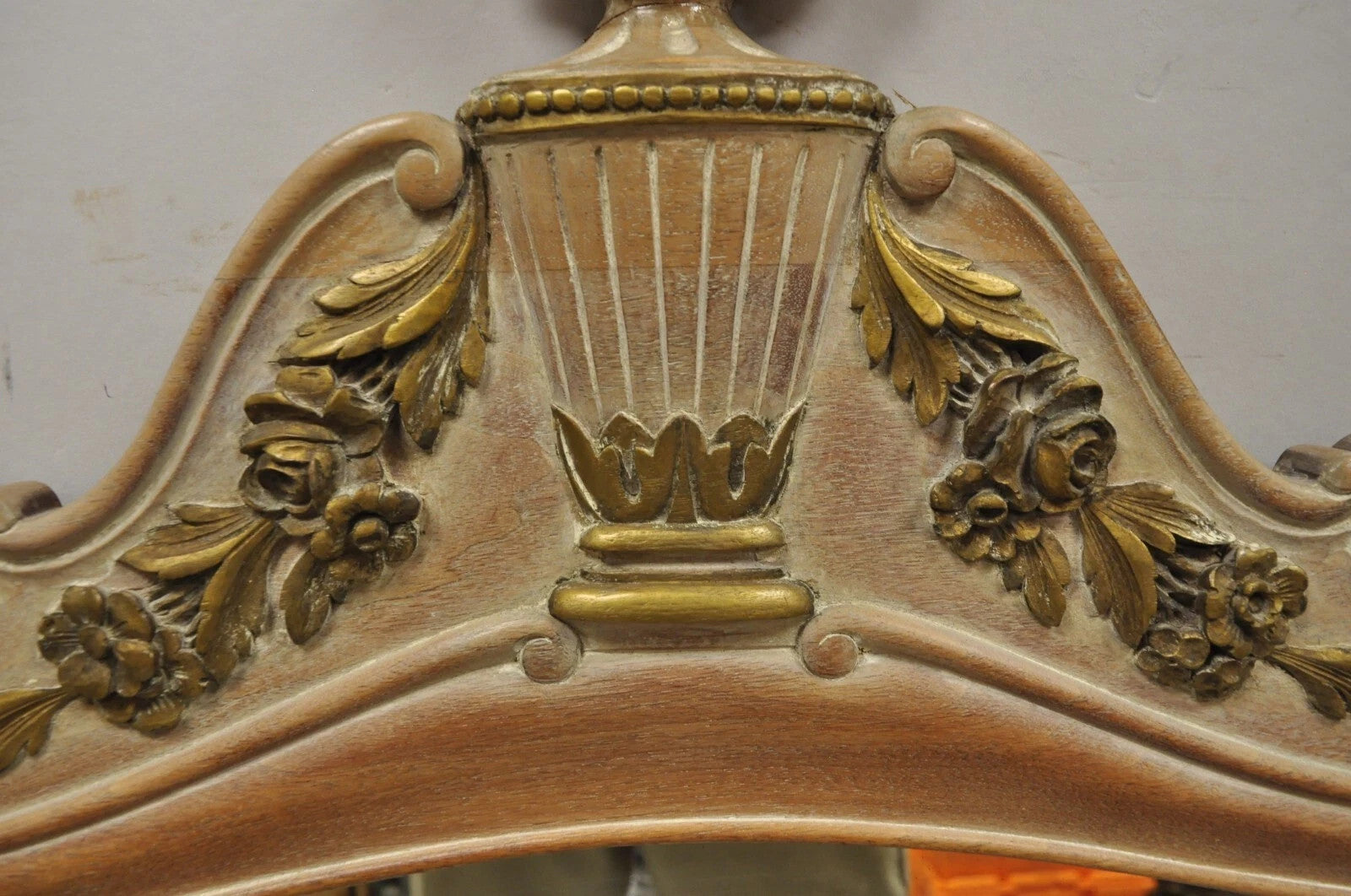 Vintage French Country Provincial Louis XV Style Carved Wood Urn Wall Mirror