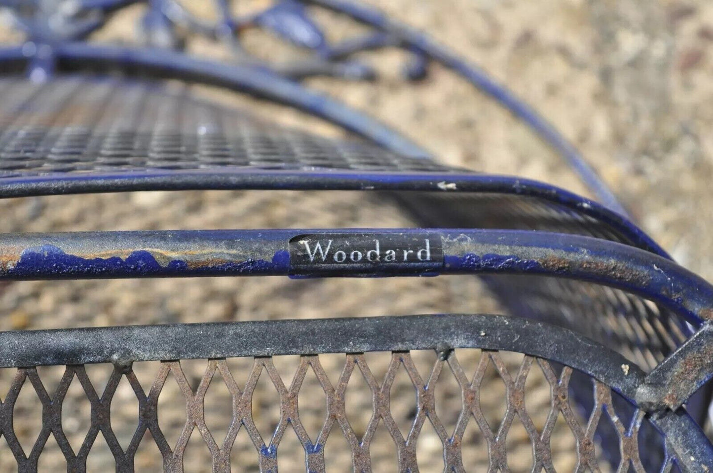 Woodard Rose Pattern Blue Wrought Iron Barrel Back Garden Chair Table - 3 Pc Set