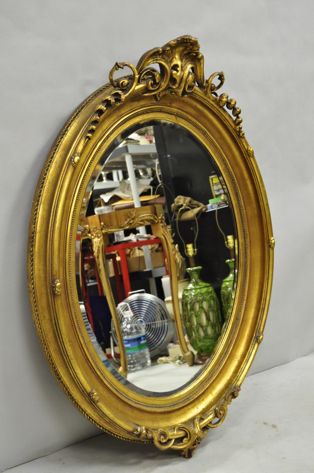 Antique French Victorian Gold Gilt Scroll Oval Beveled Glass Wall Mirror
