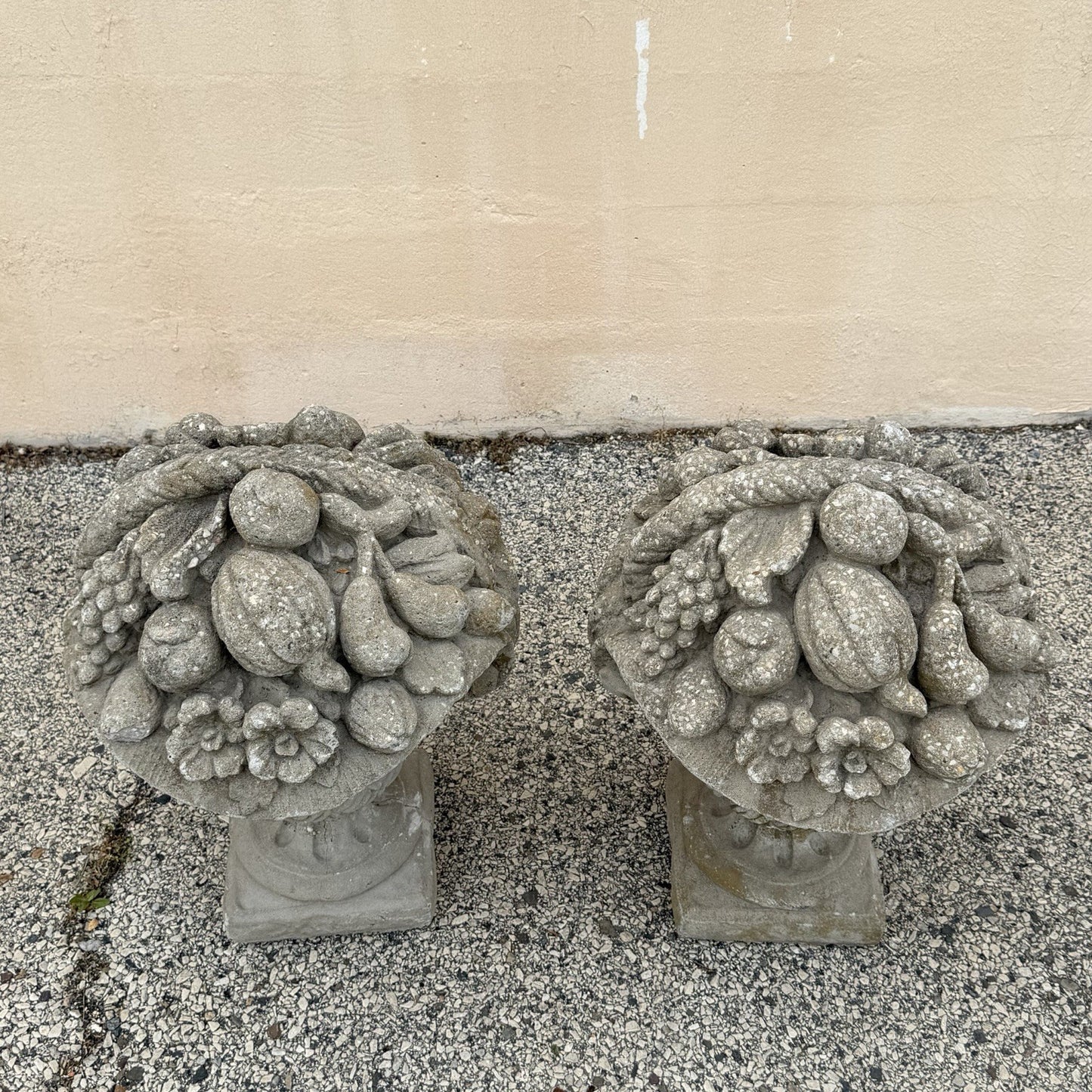 Vintage Cast Cement Stone 26" Fruit & Flower Basket Garden Lawn Ornament - Pair