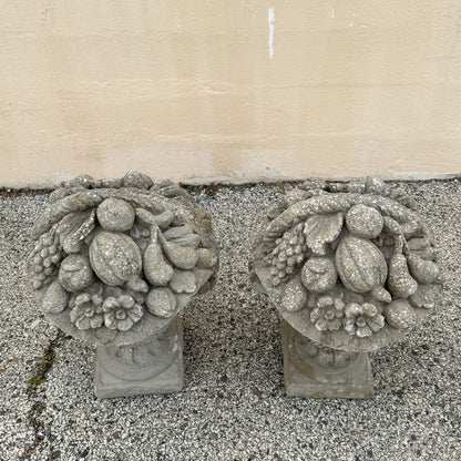 Vintage Cast Cement Stone 26" Fruit & Flower Basket Garden Lawn Ornament - Pair