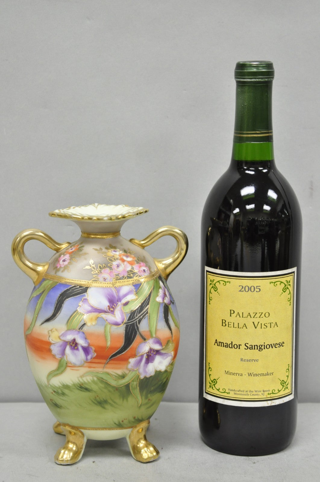 Antique Nippon Moriage Hand Painted Porcelain Purple Iris & Gold Gilt Vase Pair