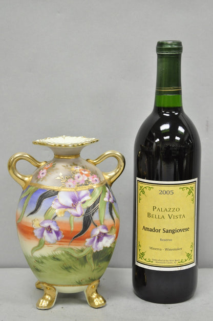 Antique Nippon Moriage Hand Painted Porcelain Purple Iris & Gold Gilt Vase Pair