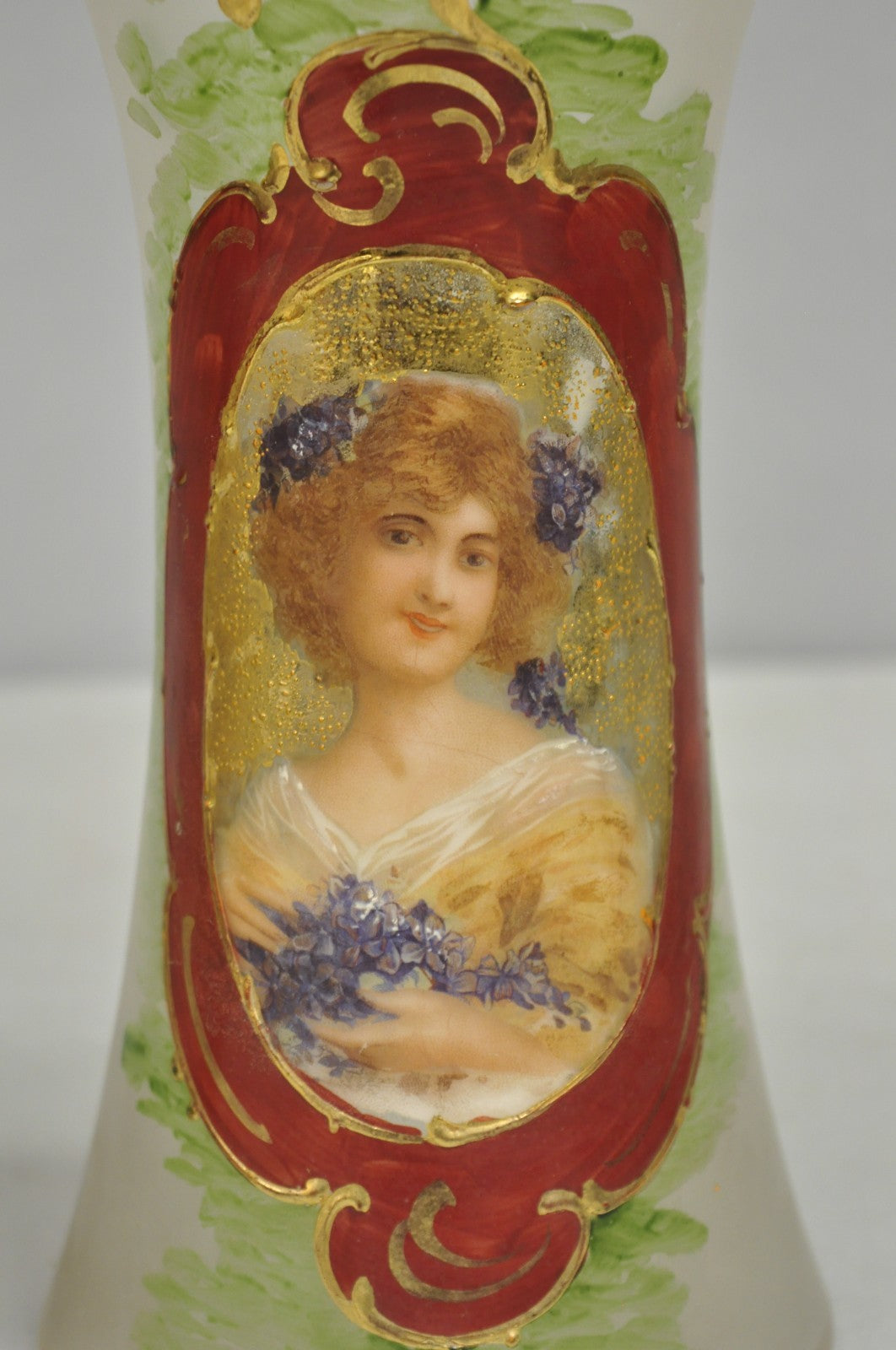 Vintage German Victorian Frosted Glass Painted Figural Woman Bust Vase - a Pair