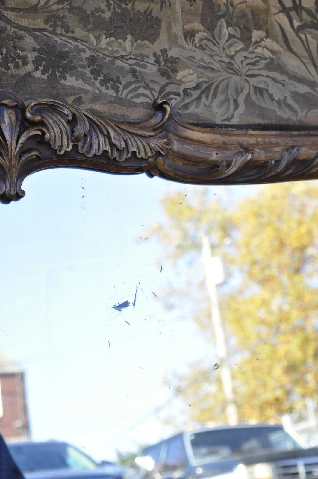 Antique French Tapestry Louis XV Rococo Carved Wood Overmantle Trumeau Mirror