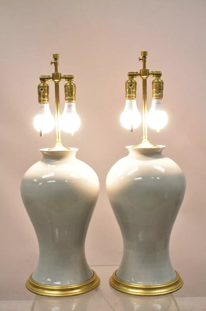 Chinoiserie Porcelain Celadon Green Glazed Ceramic Temple Jar Table Lamps - Pair