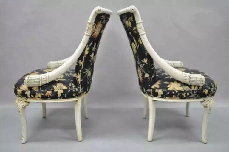 Vintage French Hollywood Regency Style Carved Cornucopia White Chairs - a Pair