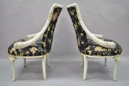 Vintage French Hollywood Regency Style Carved Cornucopia White Chairs - a Pair