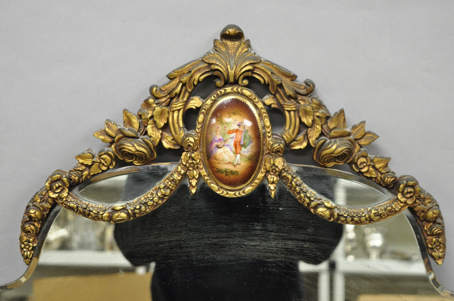 Antique French Rococo Victorian Gold Gilt Wood Frame Cameo Boudoir Wall Mirror