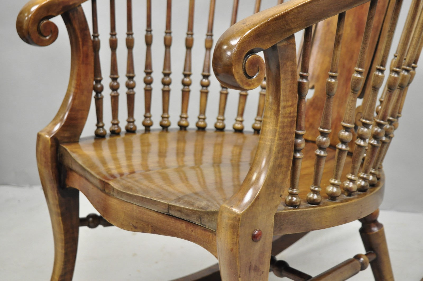 Antique American Victorian Carved Walnut Spindle Back Rocker Rocking Chair