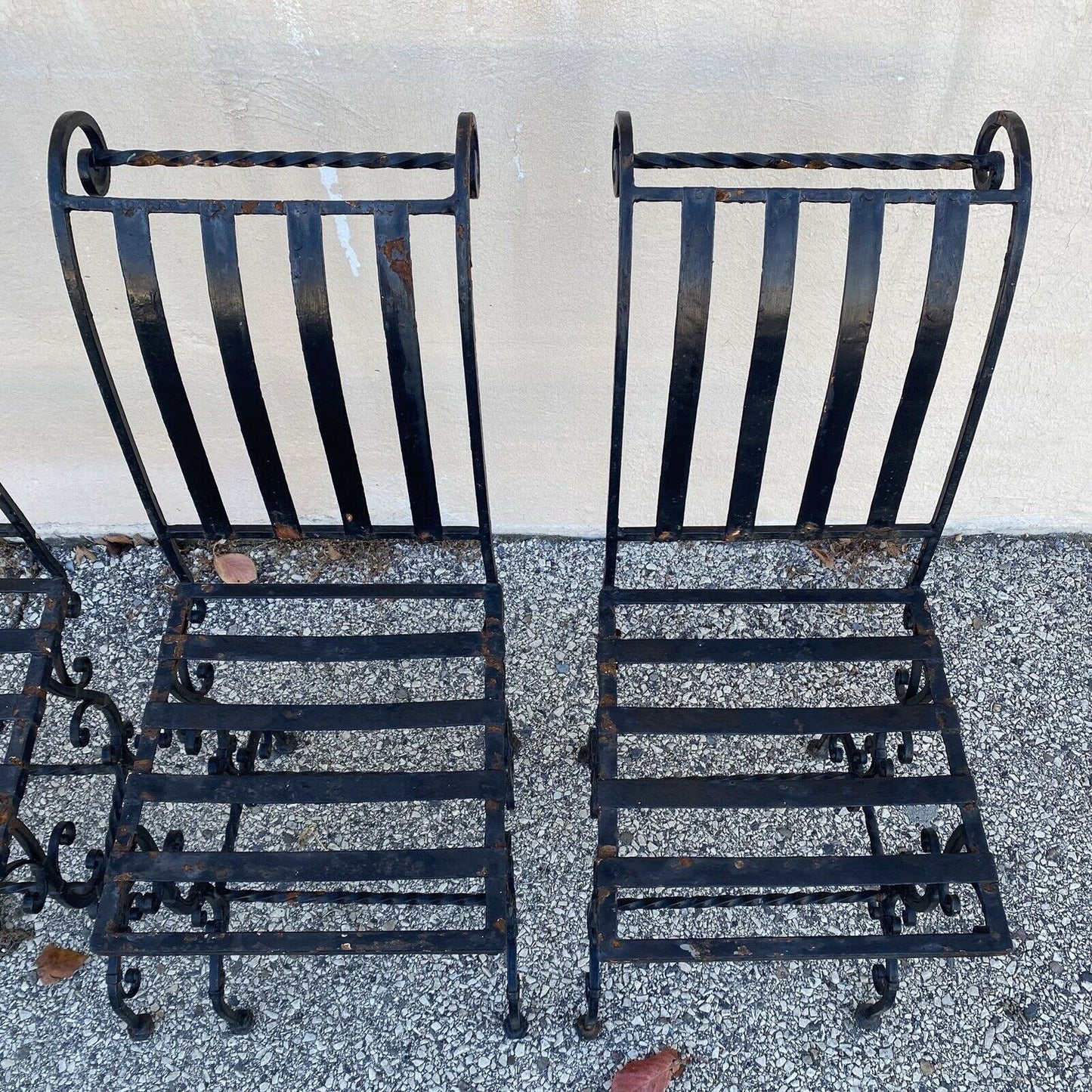 Antique French Art Nouveau Scrolling Iron Garden Patio Side Chairs - Set of 4