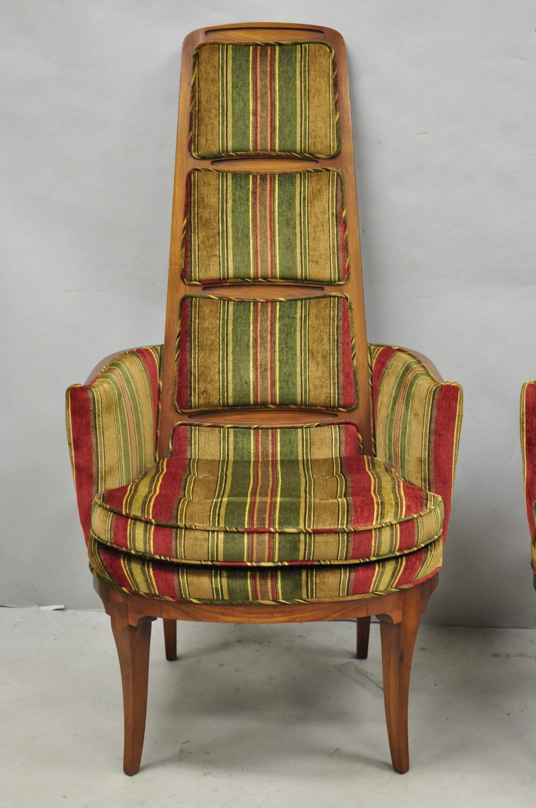 Vintage Mid Century Modern Walnut Panel Back Sculptural Lounge Arm Chairs - Pair