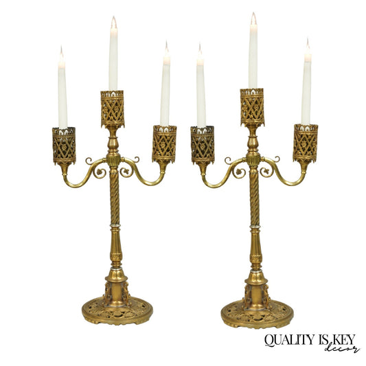 Oscar Bach French Renaissance Gothic Brass 3 Arm Candelabra Table Lamps - a Pair