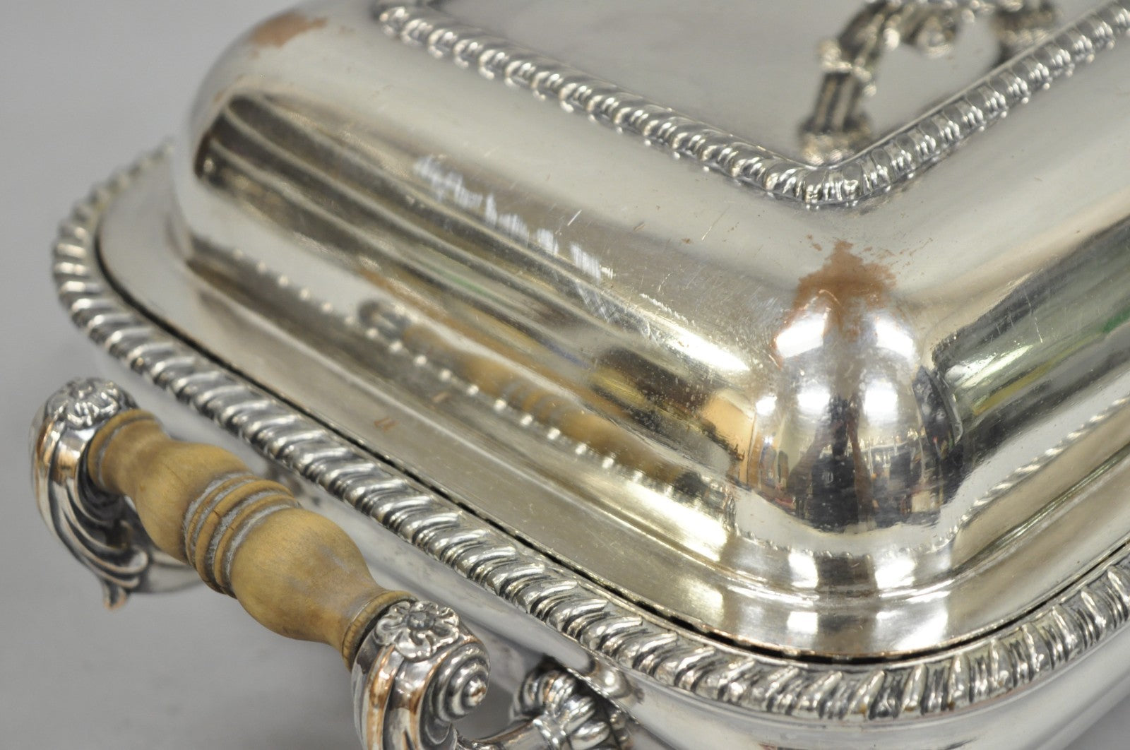 Antique English Georgian Silver Plated Covered Chafing Dish on Wooden Bun Feet