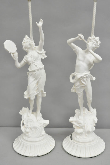 Antique French Renaissance White Painted Metal "Musicians" Table Lamps - a Pair