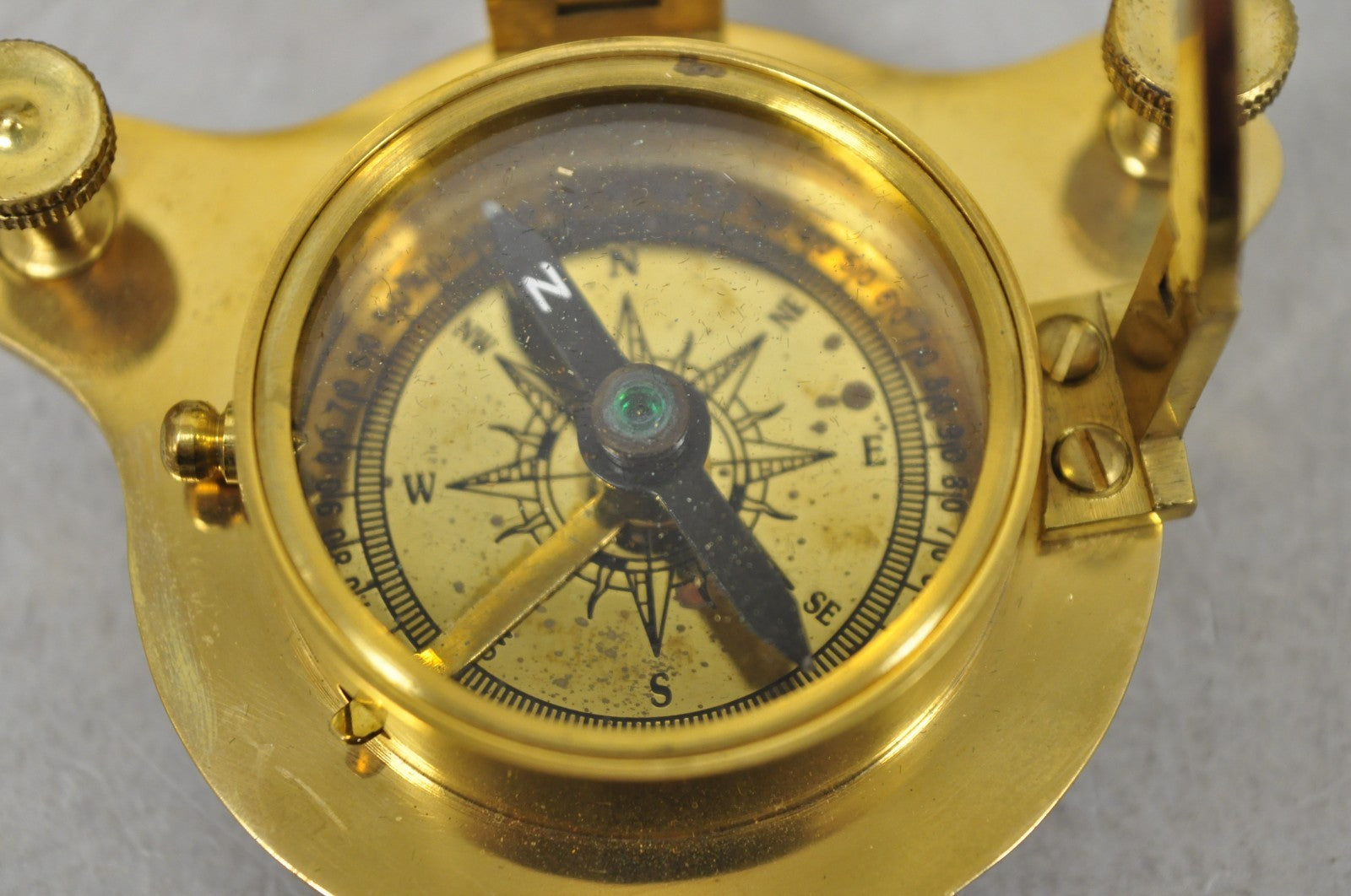 Vintage English Campaign Brass Round Sundial Compass with Small Rosewood Box