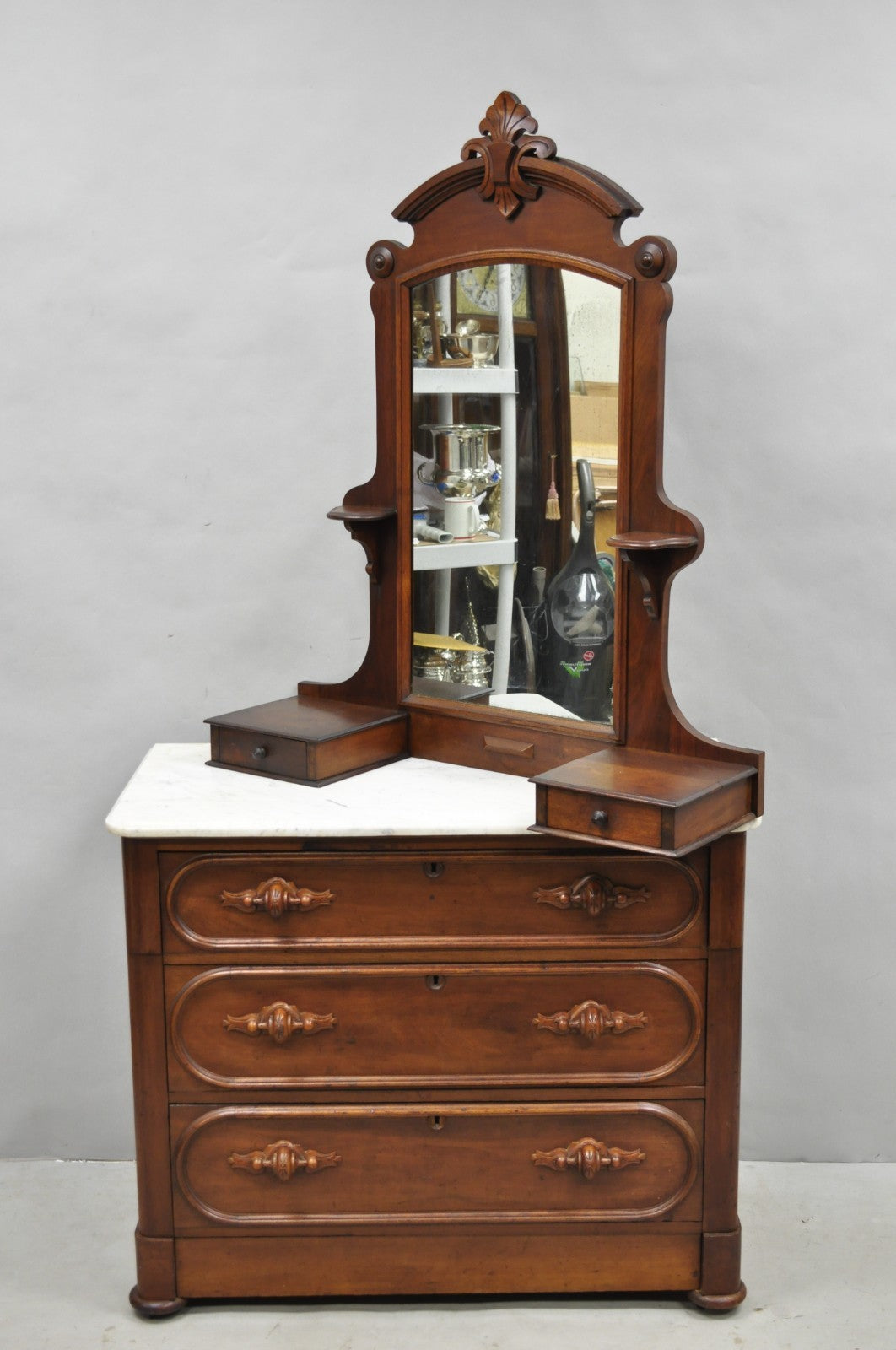 Antique Eastlake Victorian Carved Walnut Marble Top Washstand Dresser w/ Mirror