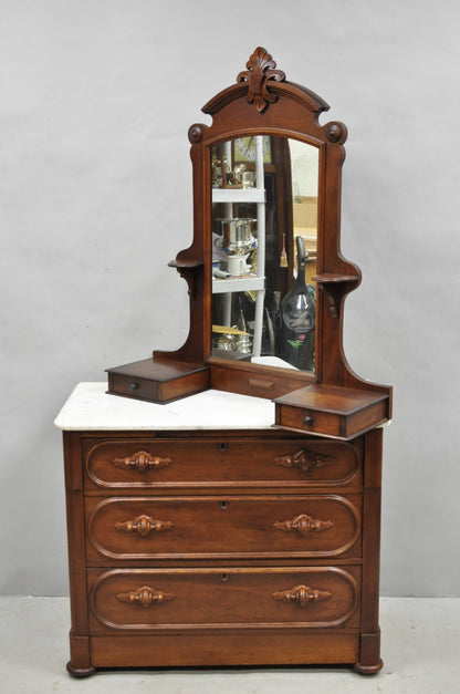 Antique Eastlake Victorian Carved Walnut Marble Top Washstand Dresser w/ Mirror