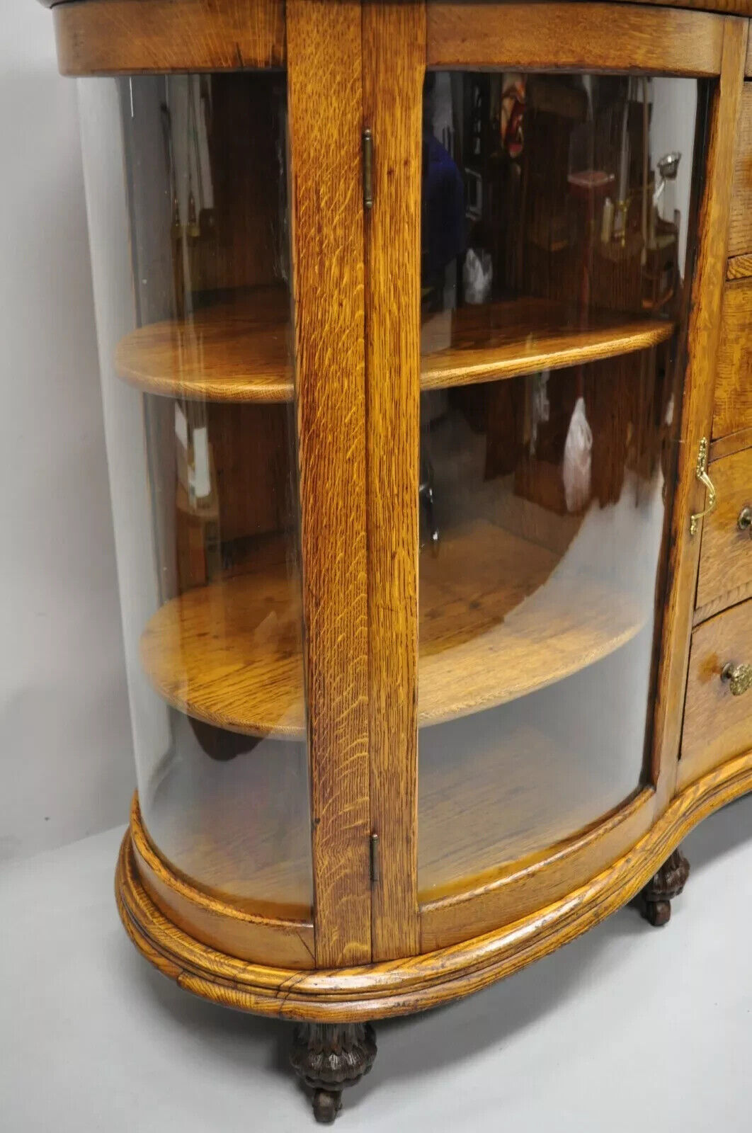 Antique Victorian Tiger Oak Carved Paw Foot Curio Cabinet Base Sideboard Buffet