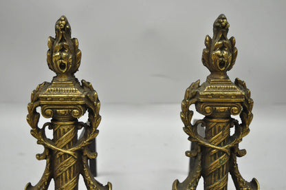Vintage French Empire Style Brass Column & Flame Finial 13" Andirons - a Pair
