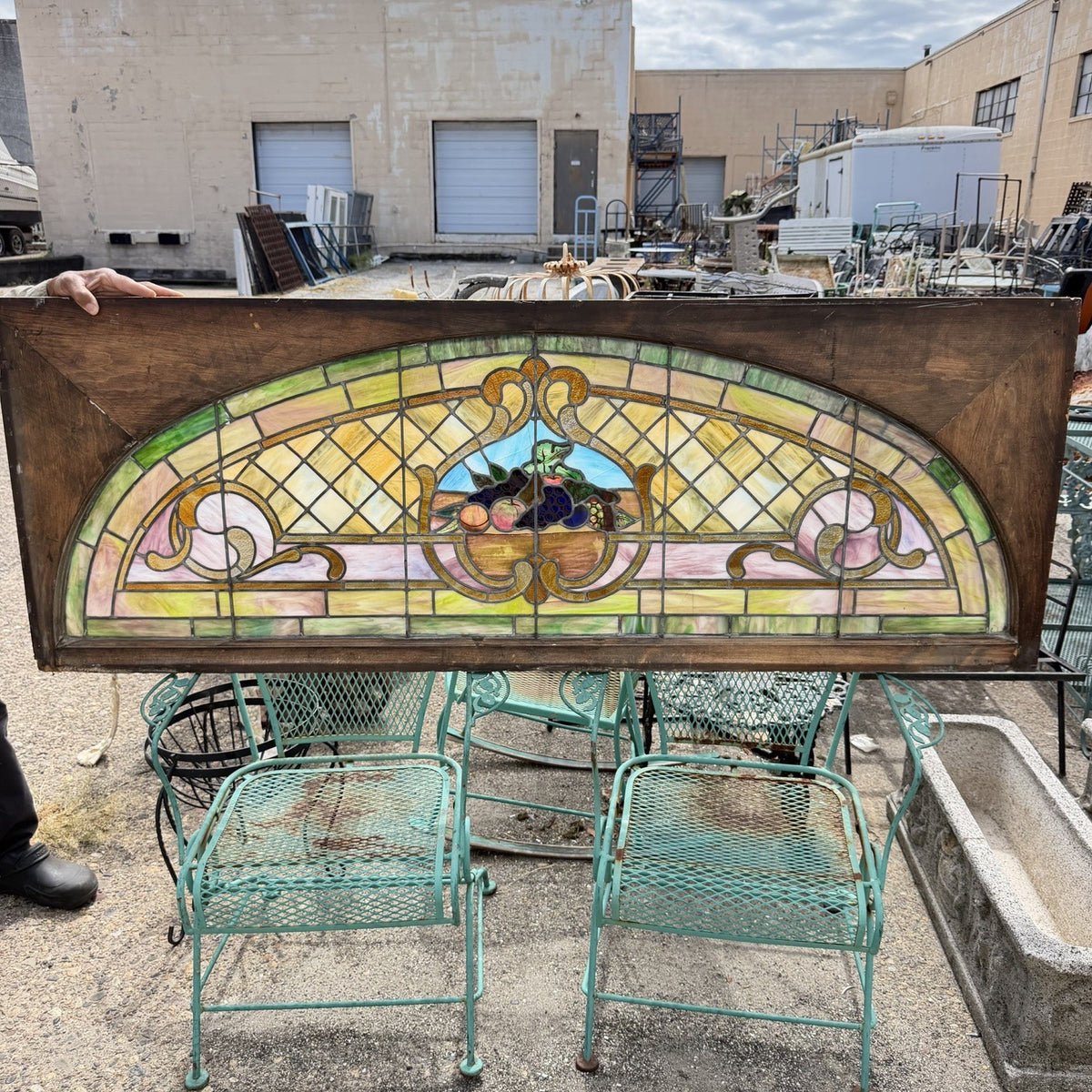 Antique Art Nouveau Colored Stained Glass Fruit 27 x 75 Arched Transom Window, B