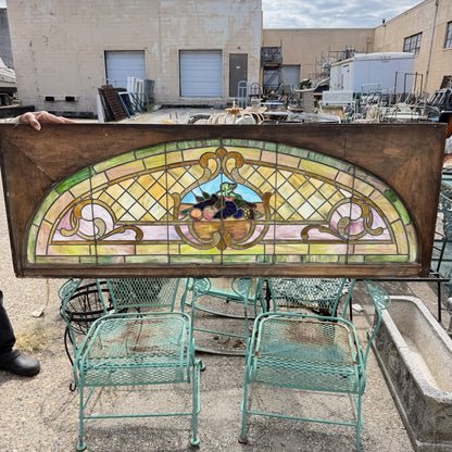 Antique Art Nouveau Colored Stained Glass Fruit 27 x 75 Arched Transom Window, B