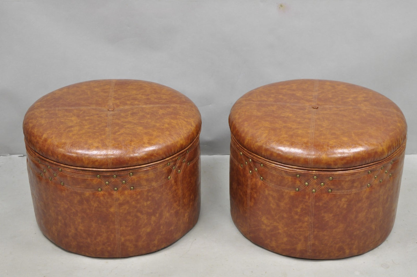Contemporary Modern Moroccan Style Brown Faux Leather Round Storage Ottoman Pair