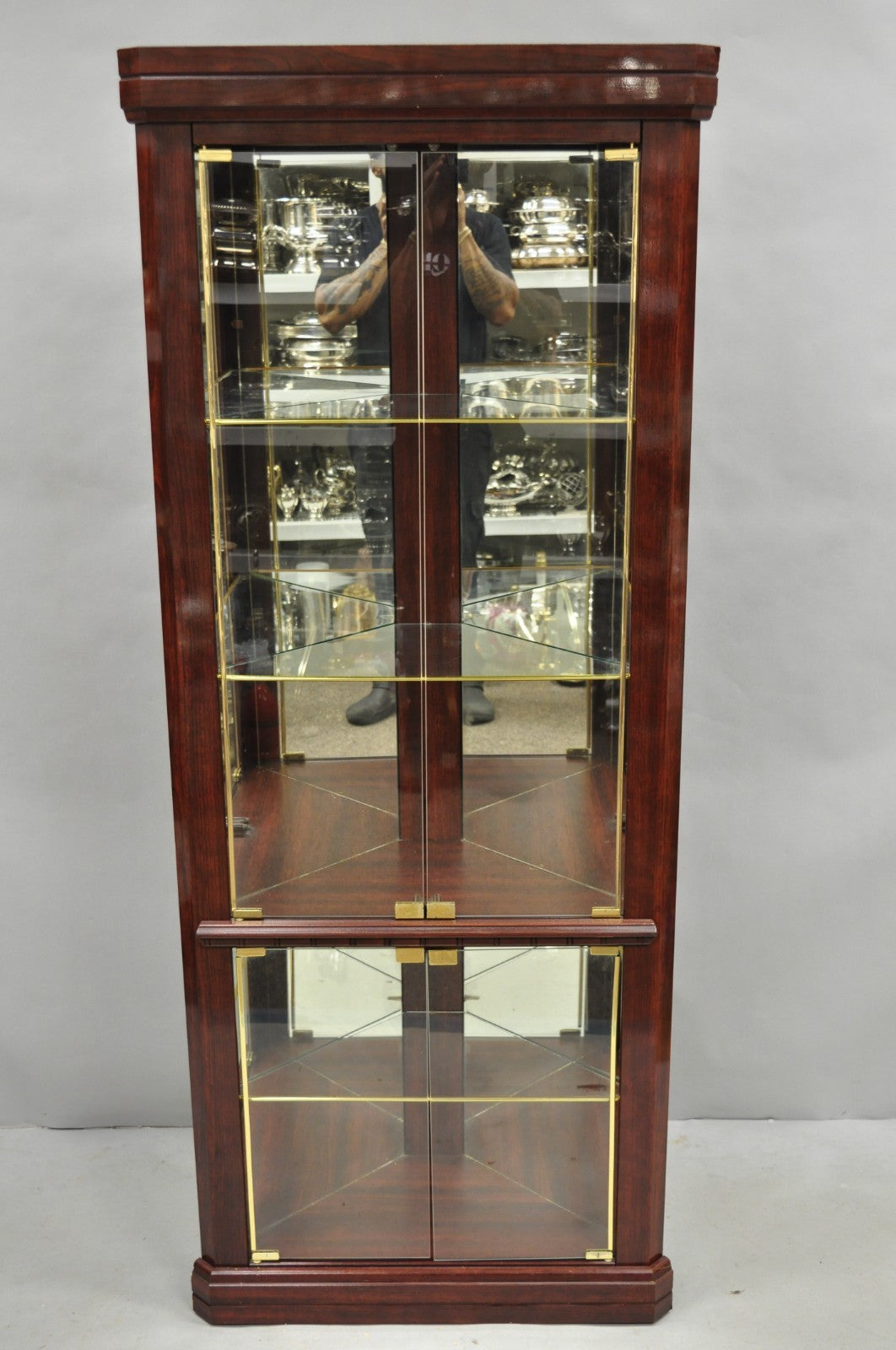 Contemporary Faux Cherry Wood Mirror Glass Corner Curio Display Case Cabinet