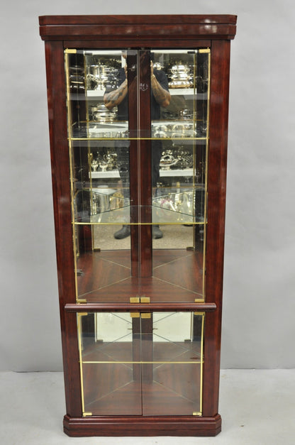 Contemporary Faux Cherry Wood Mirror Glass Corner Curio Display Case Cabinet