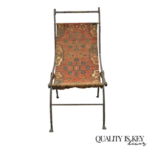 19th C. Renaissance Wrought Iron Curule Savonarola Carpet Sling Side Chair