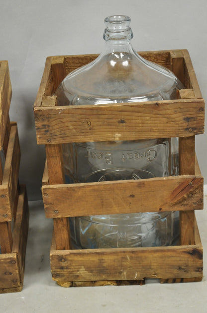Vintage Great Bear Clear 5 Gallon Glass Carboy Jug in Wooden Crate - Pair