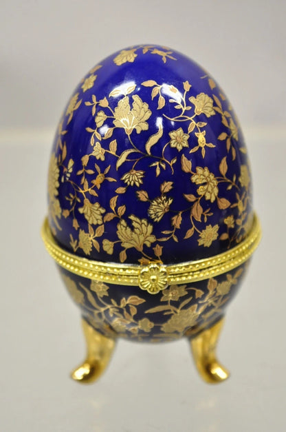 Vintage Cobalt Blue Porcelain Egg Gold Gilt Hinged Lid Candle Trinket Box - 2 Pc
