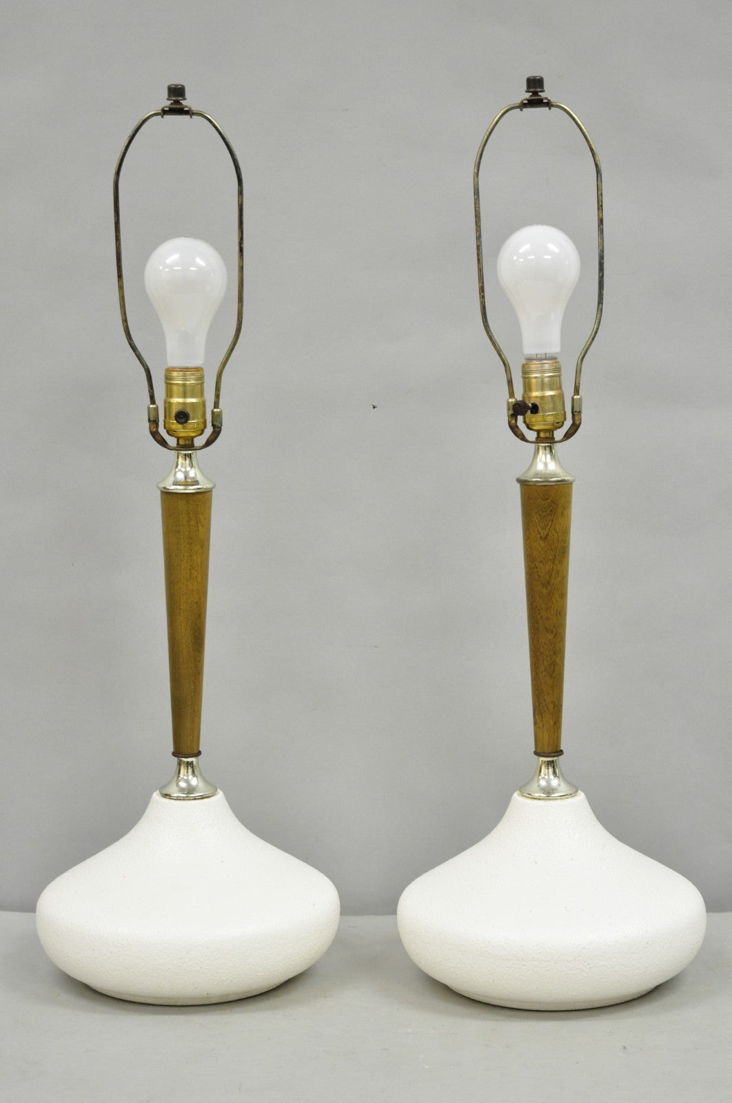 Mid Century Modern Atomic Era Sculpted Wood White Ceramic Table Lamps - a Pair
