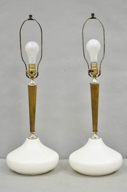 Mid Century Modern Atomic Era Sculpted Wood White Ceramic Table Lamps - a Pair