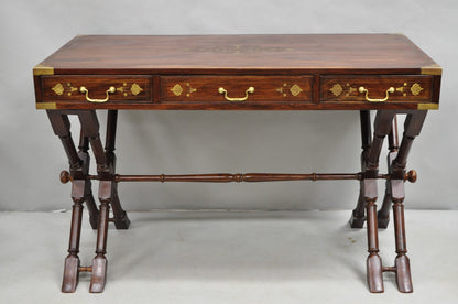 Vintage Anglo Indian Campaign Style Hardwood Curule Writing Desk w/ Brass Inlay