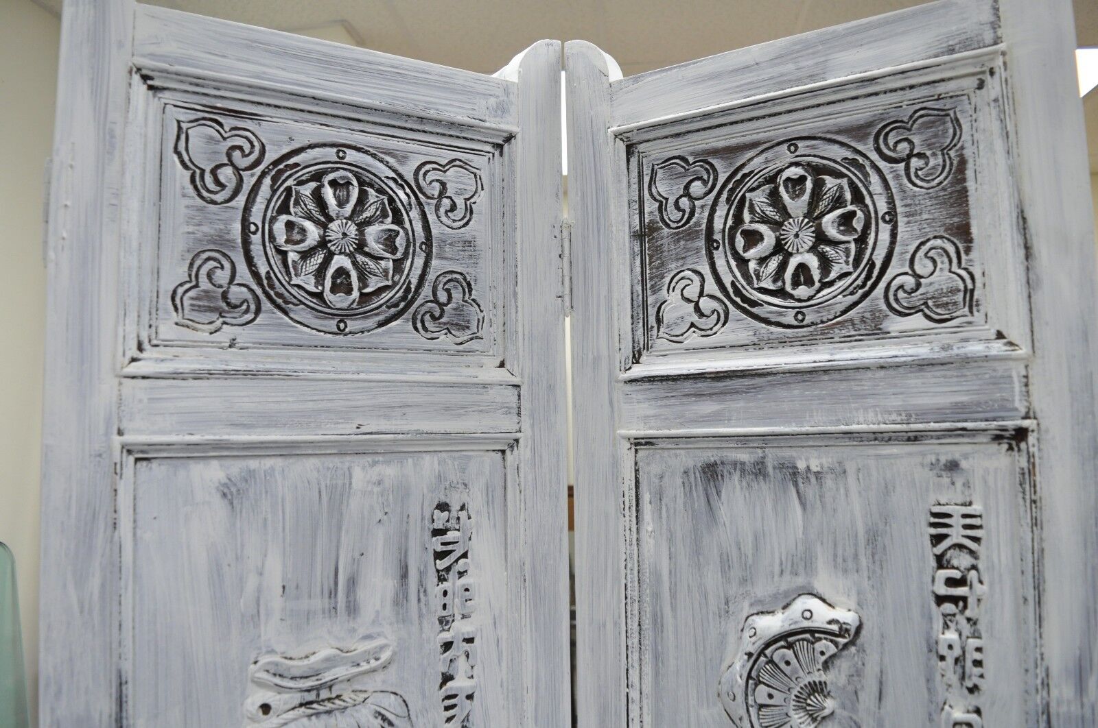 Boho Chic Oriental 4 Panel Screen White Distress Painted Wooden Room Divider