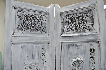 Boho Chic Oriental 4 Panel Screen White Distress Painted Wooden Room Divider