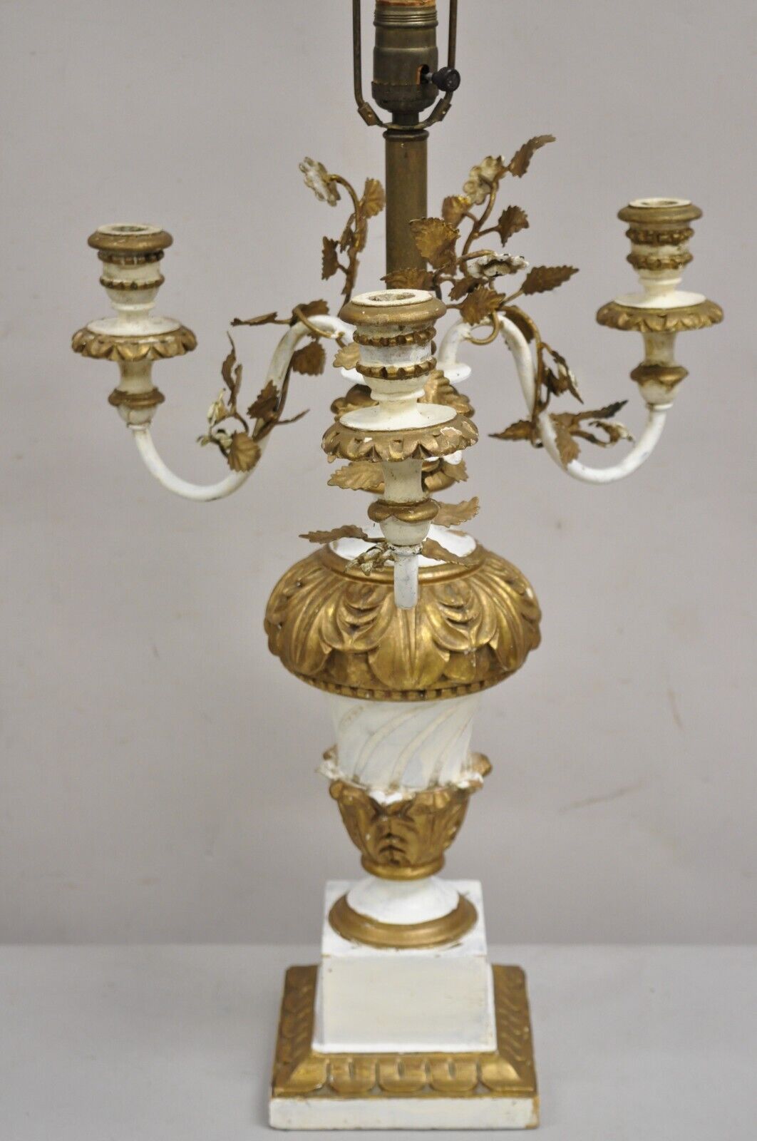 Vintage Italian Hollywood Regency Giltwood White & Gold Candelabra Table Lamp