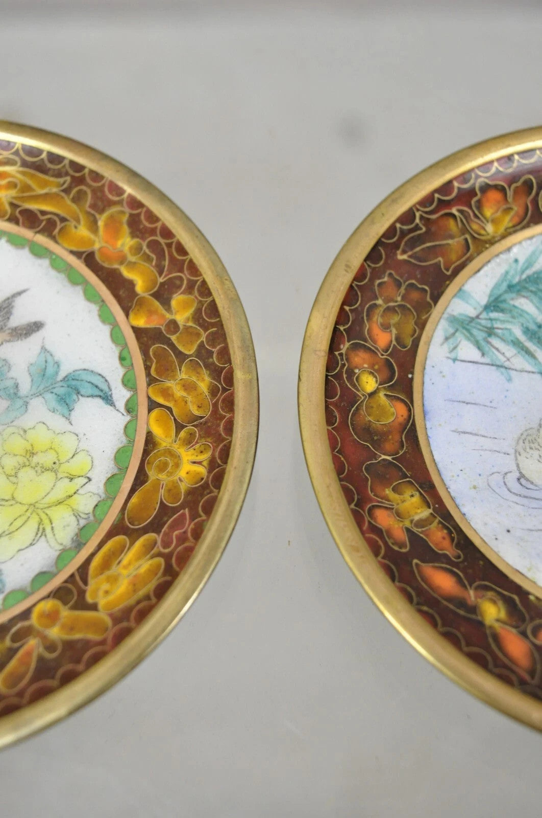 Vintage Chinese Brass Enamel Cloisonne Small Trinket Dish Set Brown - Set of 2