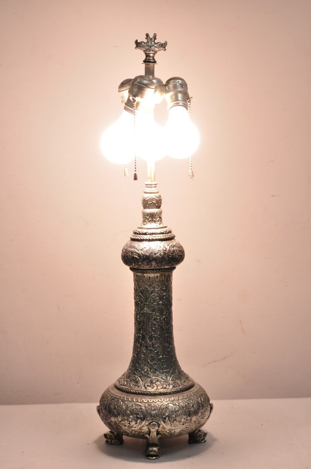 Antique English Victorian Silver Gilt Pewter Table Lamp w/ Regency Dolphin Feet