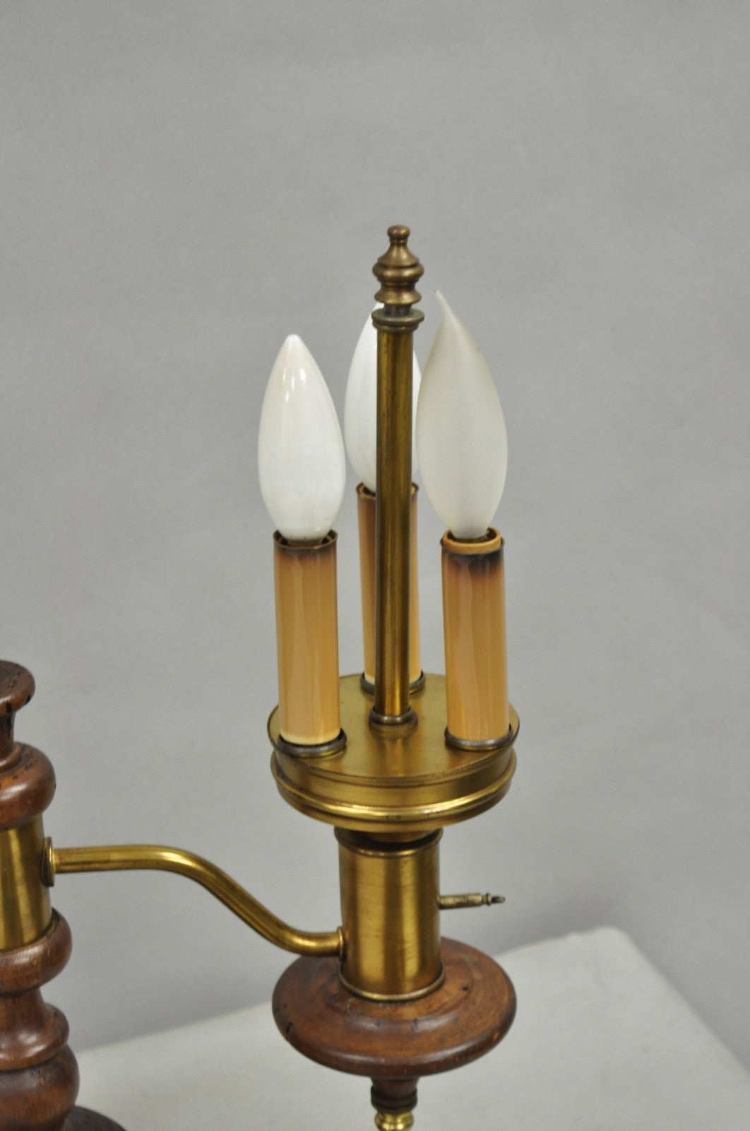 Vintage French Country Distressed Wood Brass Student Desk Lamp w/ Metal Shade