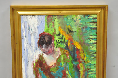 Large Impressionist Style Young Woman in Field Oil on Wood Board Framed Painting