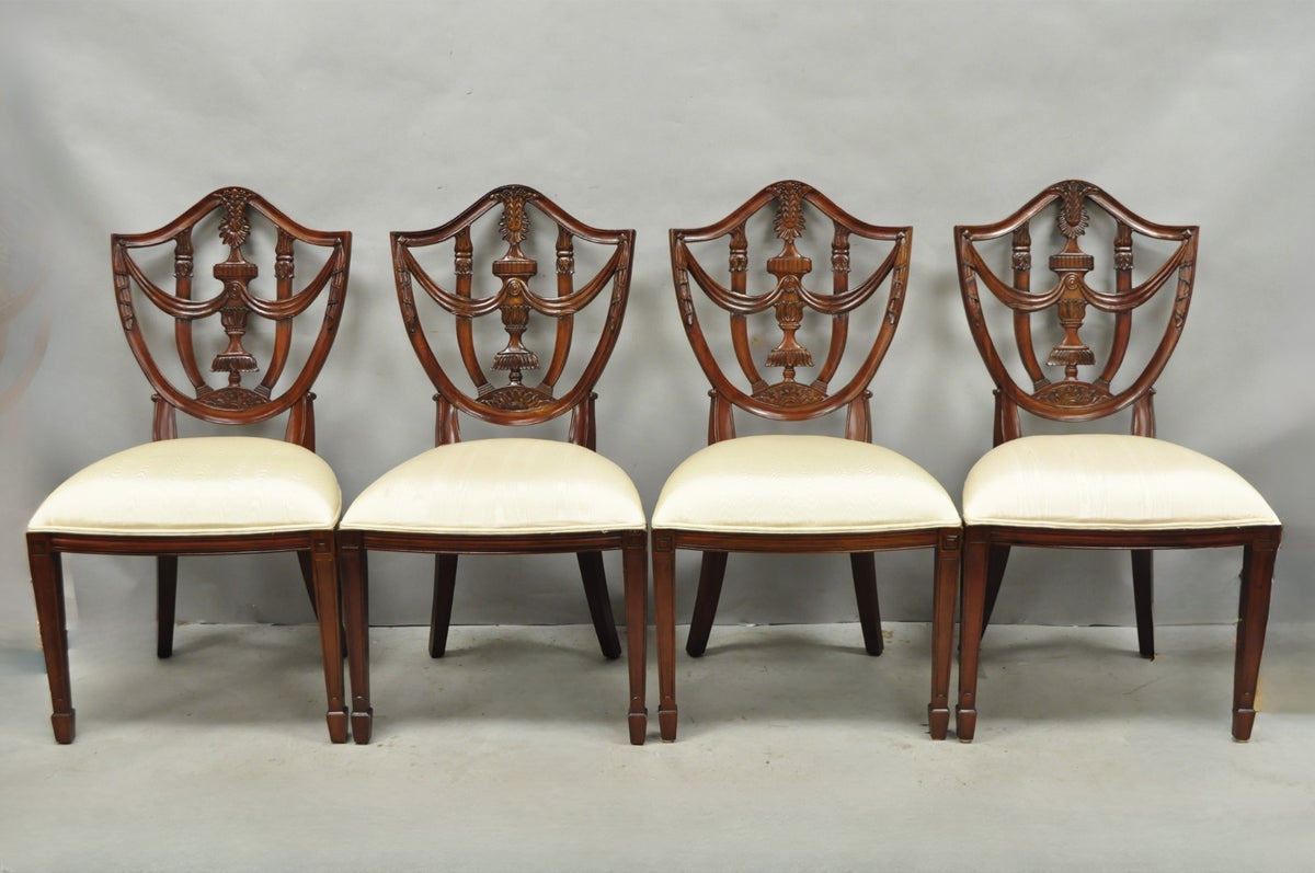 Maitland Smith Marquetry Inlay Leather Mahogany Game Table & 4 Shield Back Chair