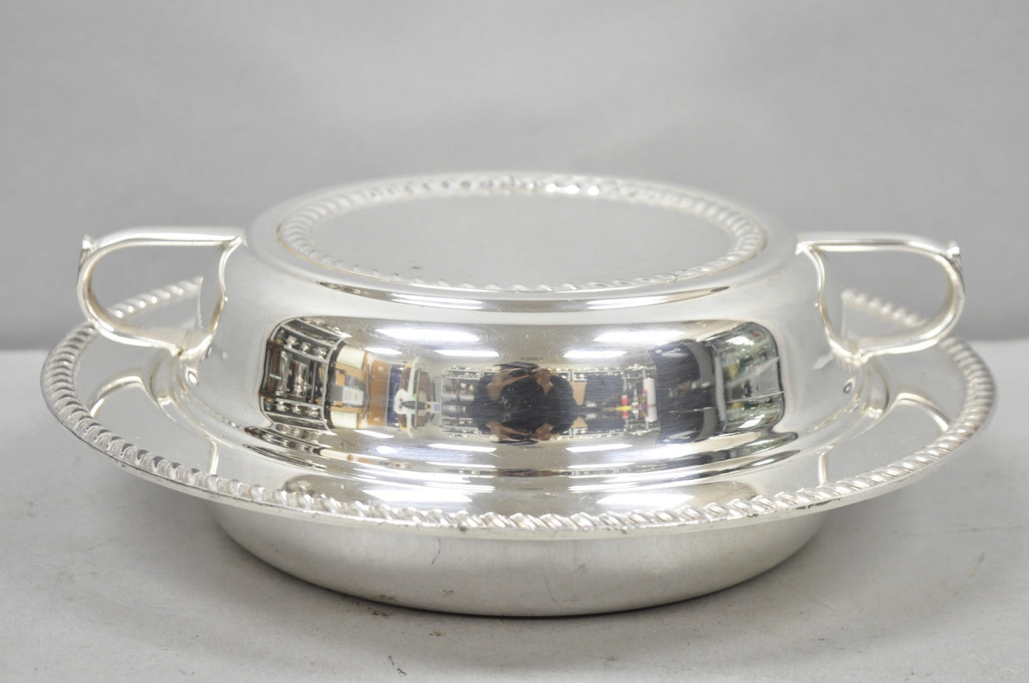 Vintage English Regency Style Round Covered Silver Plated Serving Dish w/Divider