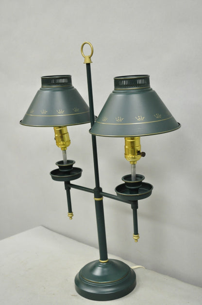 Vintage French Country Green Tole Metal Double Candlestick Table Lamp w/ Shades