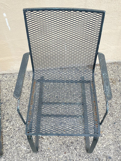 Mid Century Modern Wrought Iron Metal Mesh Cantilever Garden Patio Chair - Pair