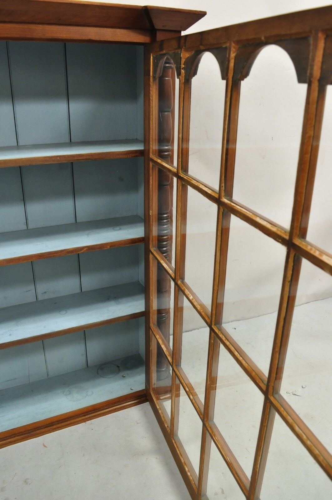 Antique American Colonial Cherry Wood Wavy Glass Door China Cabinet Hutch